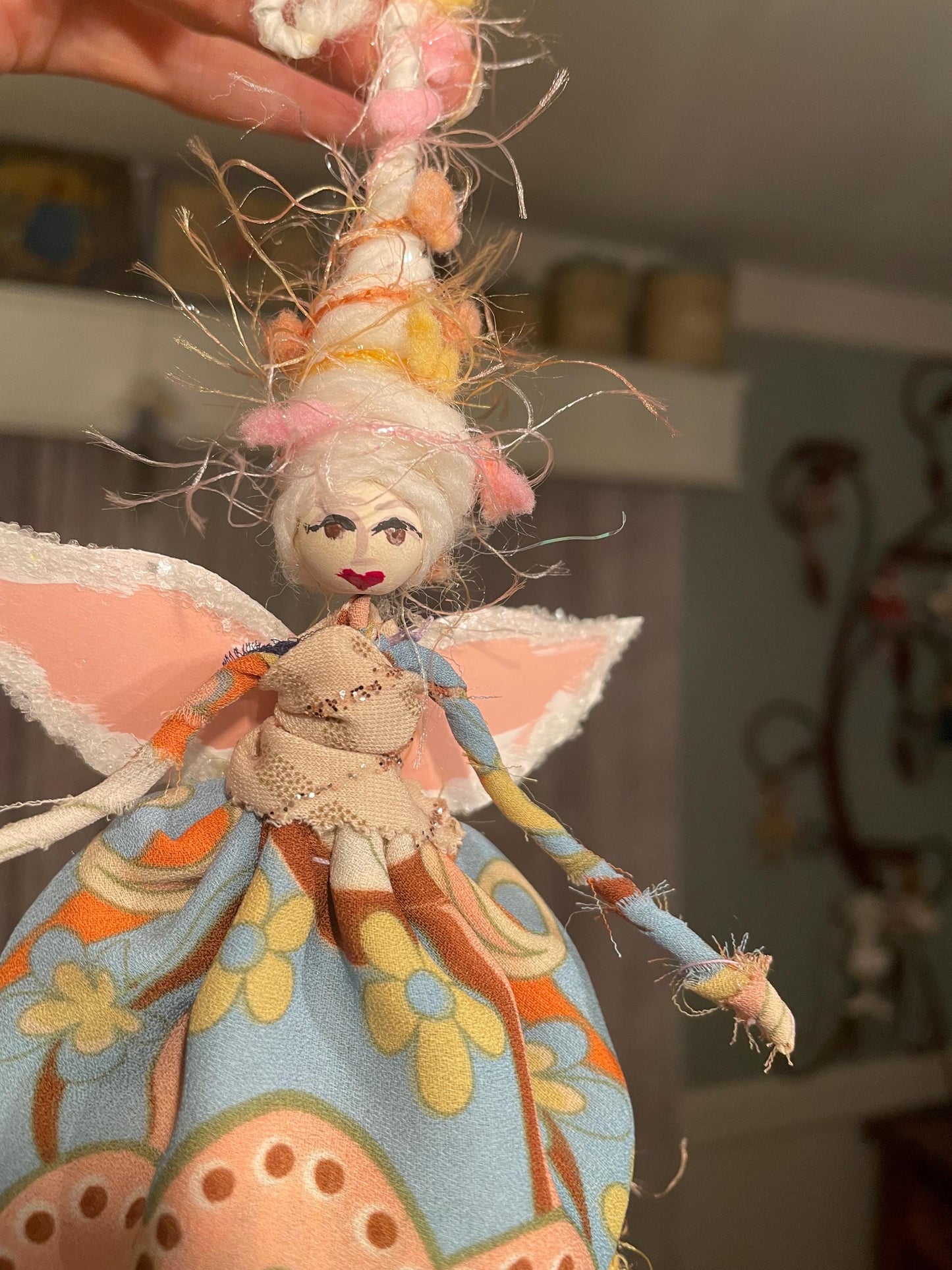 Handmade Celebration Fairy Ornament: Retro Pom Doll, 9-Inch Tall Tassel Fairy