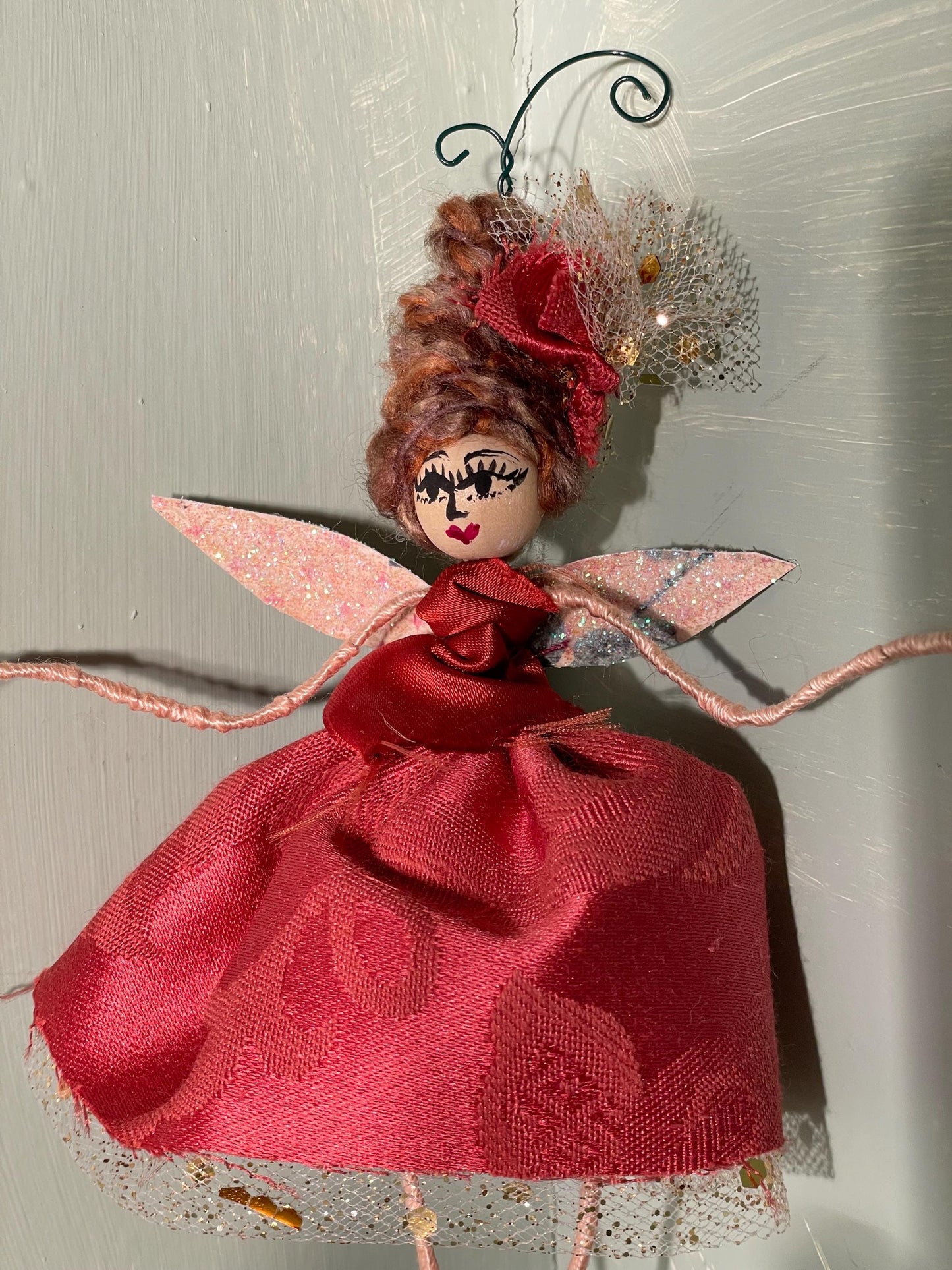 Lady in Red Fairy Ornament:Handmade Satin and Sass 8 inches tall