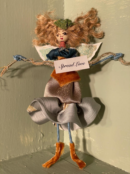 Handmade Boho Fairy: Vintage Silk and Velvet Doll Ornament 6 Inches.