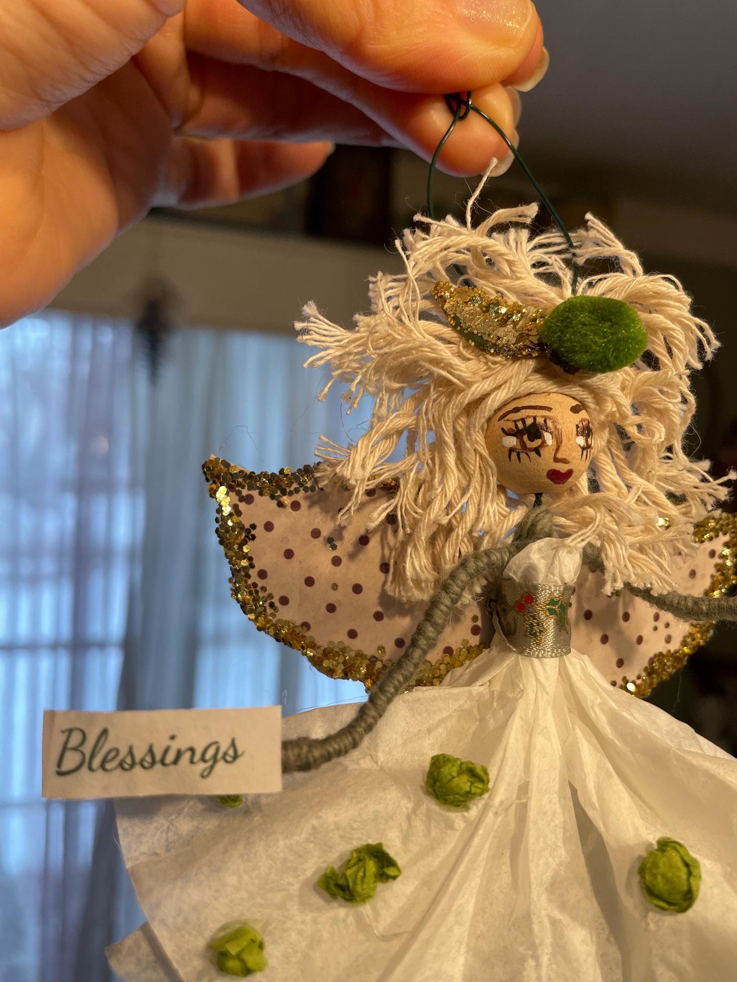 Count Your Blessings Hand Painted Fairy Decor: Green Pom Paper Fairy with a Message