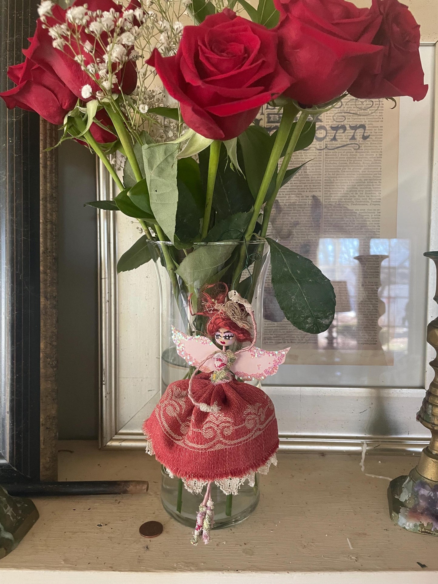 Hand-Painted Ballerina Doll: Vintage Fabric, Lace, Sparkling Wings (8 inches)