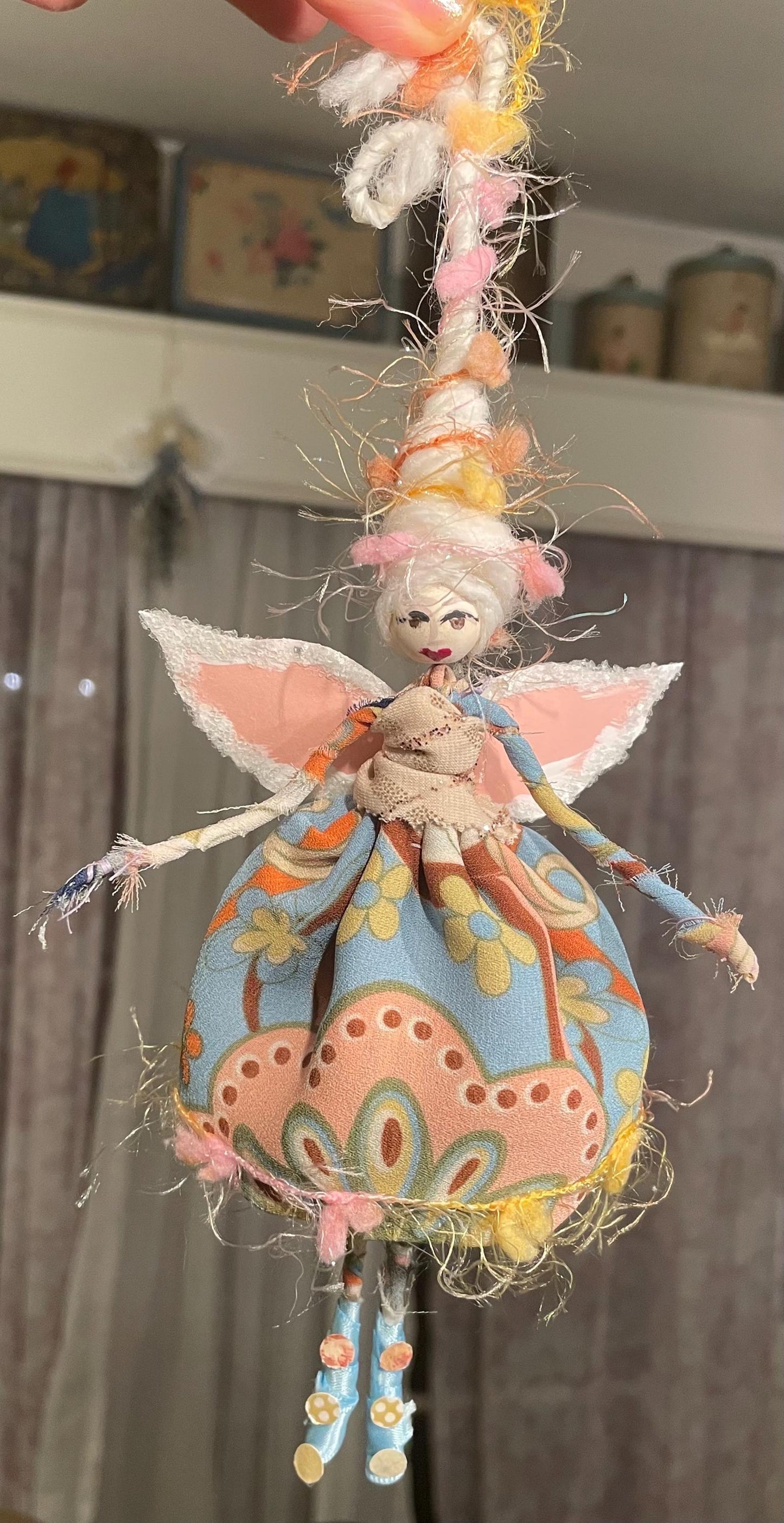Handmade Celebration Fairy Ornament: Retro Pom Doll, 9-Inch Tall Tassel Fairy