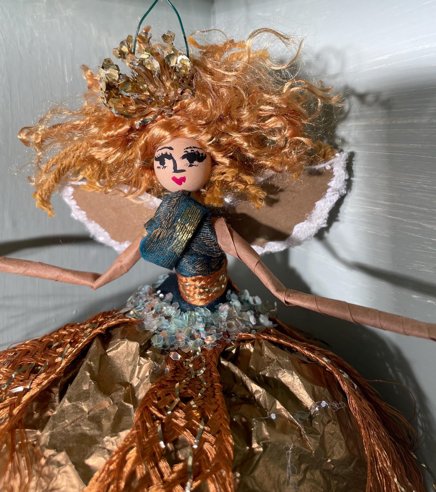 Handmade Glamour Girl Golden Fringe Fairy Ornament 10 inches