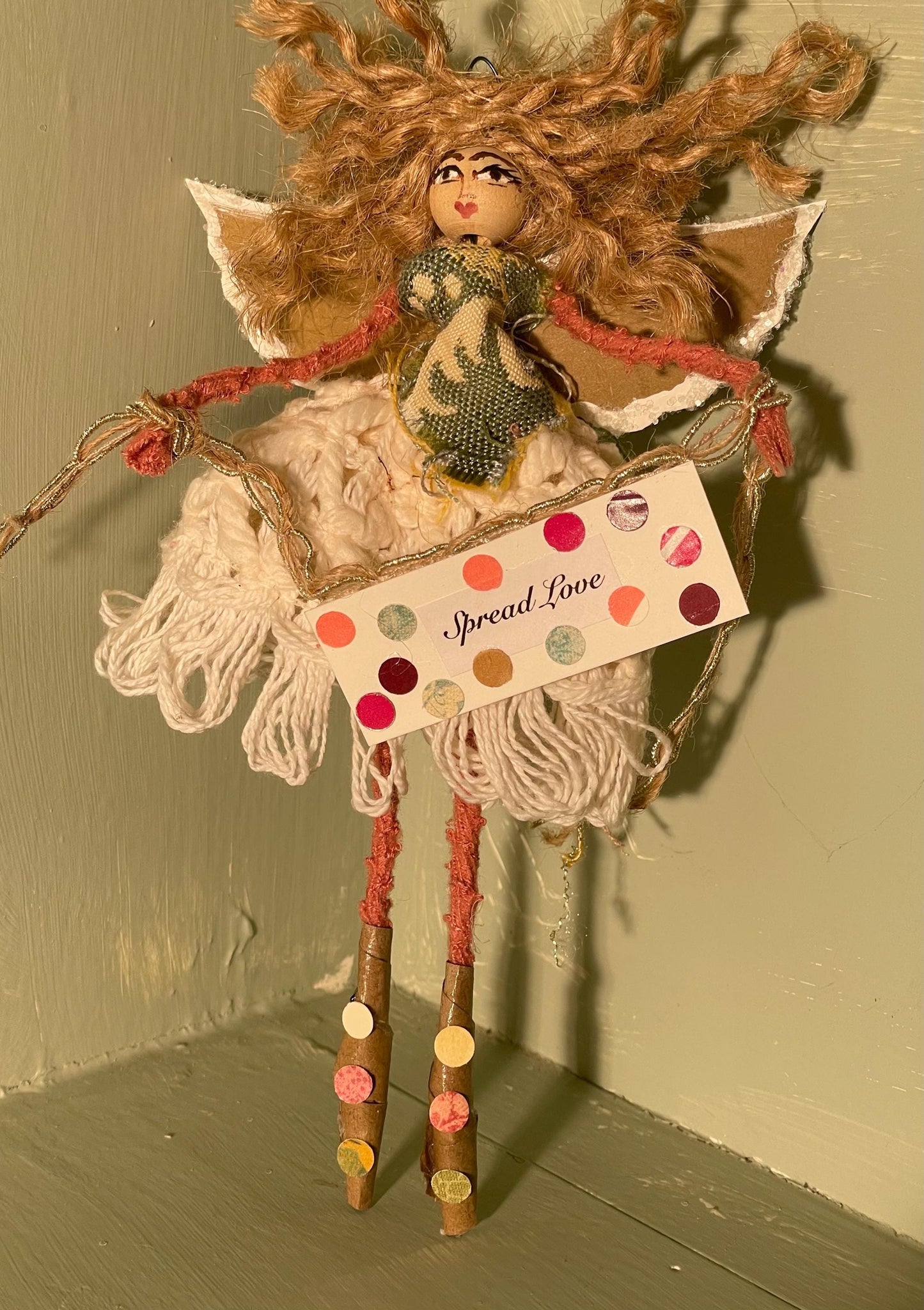Spread Love Fairy Ornament: Handmade Happy Spirit Doll 7 inches tall.