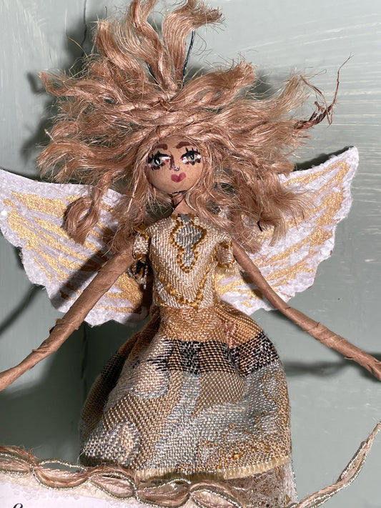 Handmade Fairy Ornament: Embroidered Bodice, Gold Sparkle Tutu, Love Message